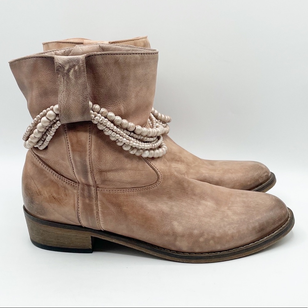 Anthropologie slouch ankle boots, distressed leather & beaded ankle bracelets